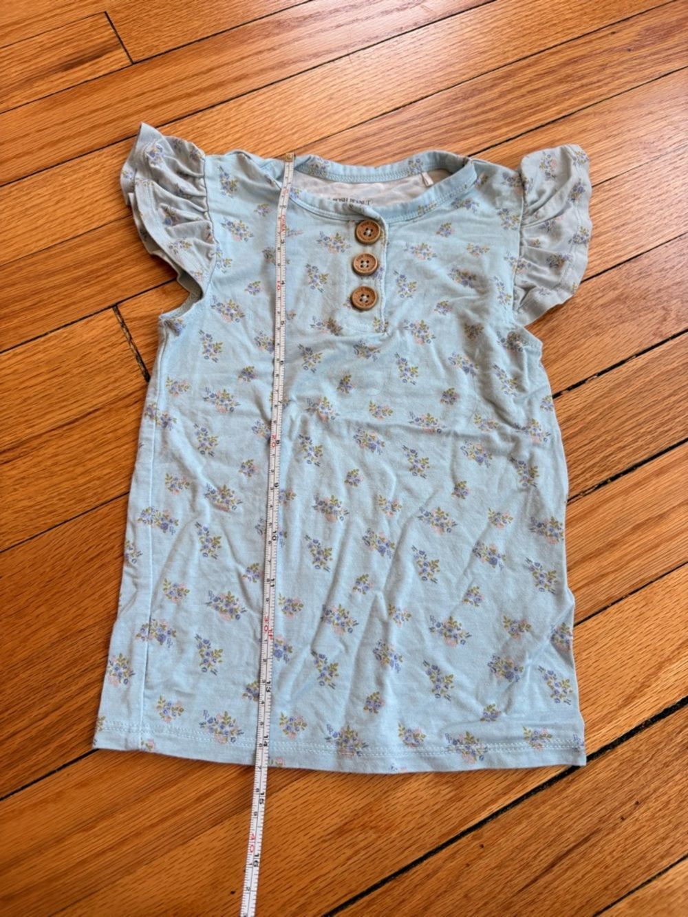 Posh Peanut Kids Light Blue Floral Flutter Sleeve Tee with Wooden Buttons - Picture 2 of 5